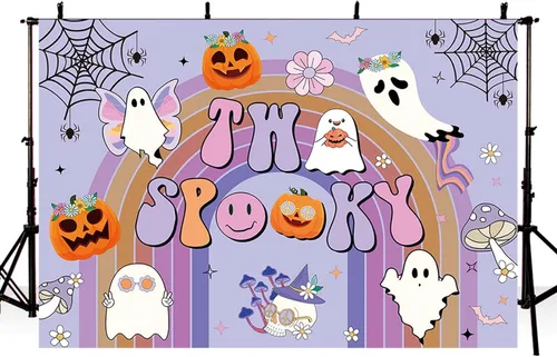 Miniatura 3 de MEHOFOND Telón de fondo espeluznante azul de 7 x 5 pies para Halloween y 2º cumpleaños retro Groovy Rainbow Hippie, decoraciones de fiesta