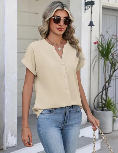 Miniatura 4 de Zeagoo Camisas con botones para mujer, camisetas de manga corta, cuello en V, blusas casuales de negocios
