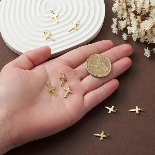Miniatura 4 de KitBeads 10 dijes de cruz chapados en oro real de 18 quilates de latón cristiano Crucifijo para hacer joyas, pulseras, collares a granel