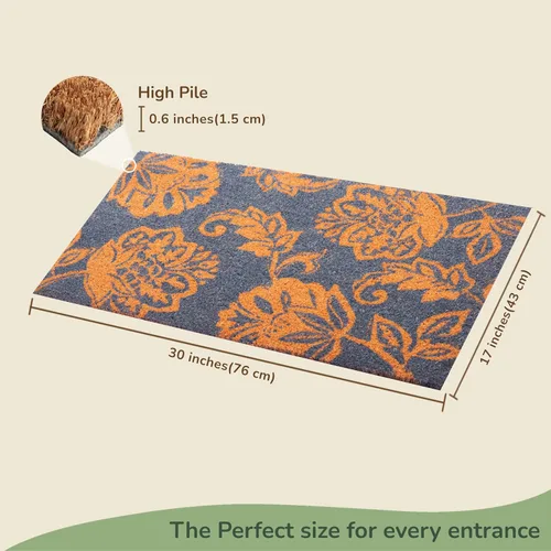 Miniatura 3 de Tapete para puerta de fibra de coco con estampado floral con respaldo de PVC antideslizante, tapete para interiores y exteriores para decoración