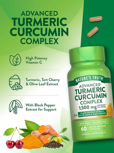 Miniatura 5 de Nature's Truth Curcumina de cúrcuma 60 cápsulas con extracto de pimienta negra, hoja de olivo y cereza agria Suplemento sin OMG y sin gluten