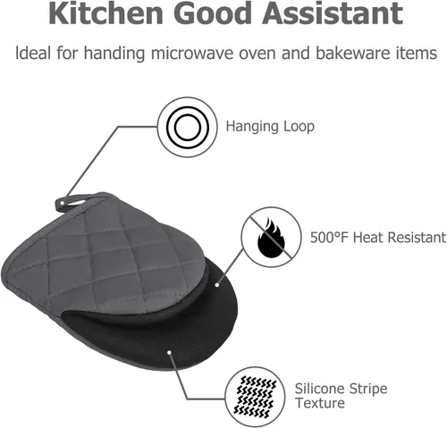 Miniatura 5 de Guantes cortos para horno, resistentes al calor, 500 °F, guantes de cocina con agarre de silicona, antideslizantes para hornear, parrilla, barbacoa