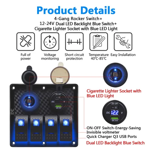Miniatura 2 de FXC Panel de interruptor basculante de barco marino impermeable de 4 bandas con doble ranura USB + enchufe para encendedor de cigarrillos