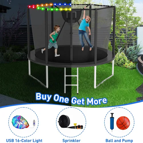 Miniatura 6 de Trampolín para exteriores de 1500 libras con luz+rociador+calcetines, trampolín resistente de 16 pies, 14 pies, 12 pies, con aro de baloncesto