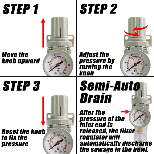 Miniatura 4 de Regulador de presión de filtro de aire NPT de 1/2 "Separador de agua combinado para línea de compresor de aire, drenaje semiautomático, elemento