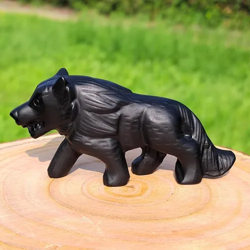 Miniatura 5 de Figura de cristal de calavera de lobo, obsidiana natural, escultura de piedra tallada, estatua de animal en cuarzo negro