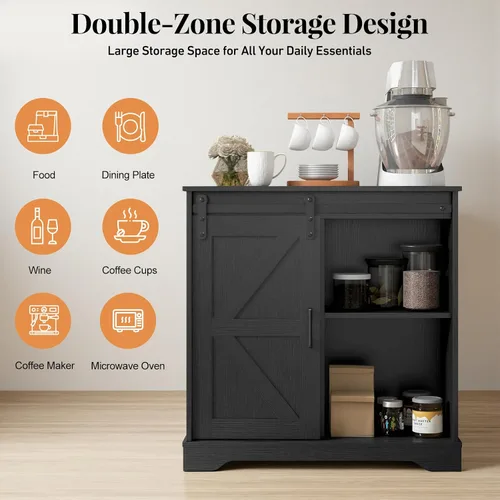 Miniatura 6 de Panana - Gabinete de almacenamiento de aparador con puerta corredera de granero, estilo de casa de campo para barra de café, cocina (Negro)