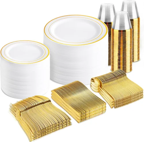 bUCLA 600 platos de plástico blanco y dorado, juego de vajilla desechable dorada para 100 invitados, incluye 100 platos de cena y 100 platos de