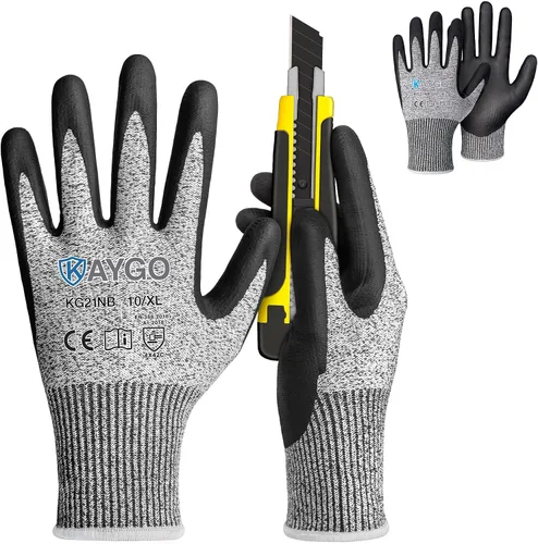 KAYGO 2 pares de guantes de trabajo resistentes a cortes para hombres y mujeres, guantes de corte ANSI A3, guantes de trabajo de seguridad de Gris