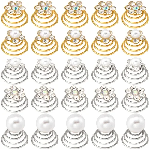 Miniatura 8 de OIIKI 50 clips de joyería para el cabello con diamantes de imitación brillantes – espiral, flor de perla, accesorios decorativos para novia, dama