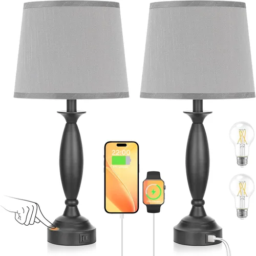 Miniatura 8 de Juego de 2 lámparas blancas para dormitorio, lámpara de noche de control táctil con USB C+A, lámparas de mesita de noche regulables de 3 vías