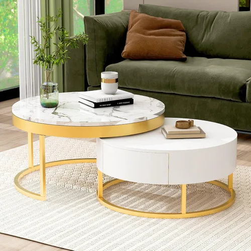 Miniatura 22 de Mesa de café redonda, mesa de café moderna de 31.5" con 2 cajones grandes de almacenamiento, tapa de mesa con patrón de mármol, mesa central