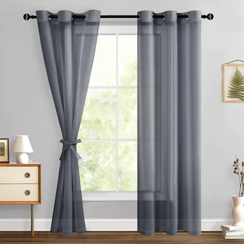 Miniatura 113 de Hiasan - Cortinas traslúcidas de gasa cortas semitransparentes con ojales y alzapaños filtrantes de luz para ventana, dormitorio, baño, 2 paneles