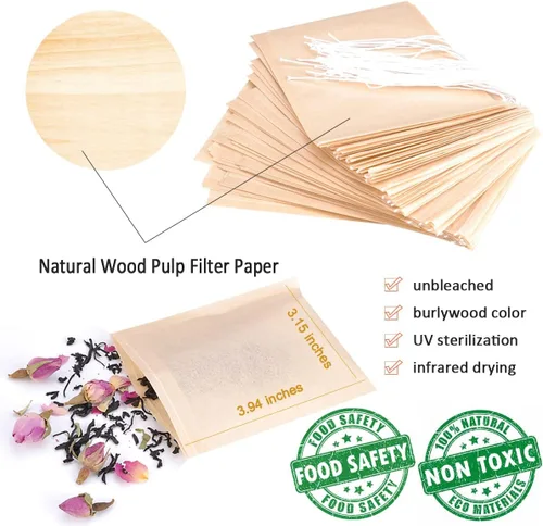 Miniatura 3 de Angooni 300 bolsas de filtro de té desechables con cordón 100% naturales y seguras bolsas de té de hojas sueltas vacías, capacidad de 1 taza