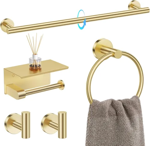 TQKAG Juego de 5 Piezas de Soportes para Toallas de Baño Juego de Herrajes de Baño Dorado Cepillado de Acero Inoxidable Soporte de Papel Higiénico