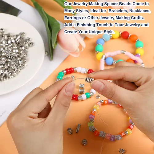 Miniatura 4 de UPINS 300 cuentas espaciadoras plateadas para hacer joyas, cuentas de metal tibetano antiguo, pulseras, collares, manualidades, cuentas sueltas