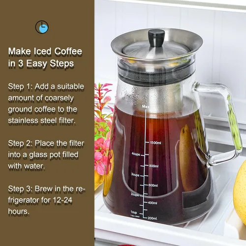 Miniatura 2 de Aquach Cafetera hermética para preparar café frío (té helado) de 51 onzas/1.5 L, sin BPA, jarra de vidrio de borosilicato duradera y filtro de malla
