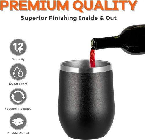 Miniatura 4 de COMOOO - Vaso de vino de acero inoxidable de 12 oz con tapa y popote, vaso de vino aislado al vacío de doble pared, vaso de vino sin tallo para Negro