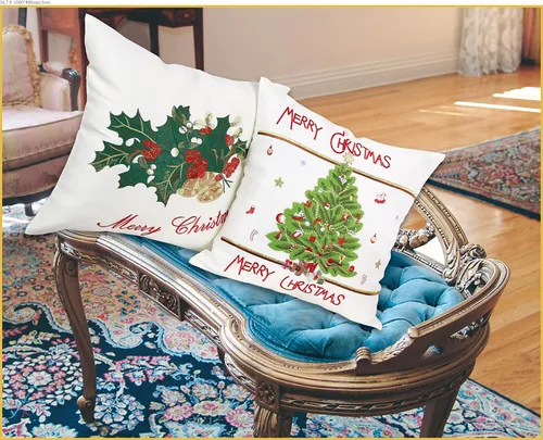 Miniatura 2 de Violet Linen Funda decorativa para cojín con diseño bordado de "Merry Christmas" con árbol de Navidad aplique