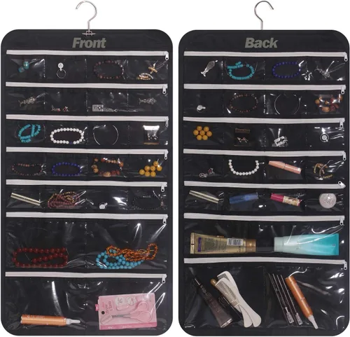 DIOMMELL Organizador de joyería colgante con 47 bolsillos con cremallera para aretes, collar, pulsera, anillo, bolsa de almacenamiento para