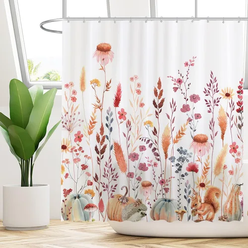 Miniatura 2 de Funnytree Cortina de ducha de 72 x 72 pulgadas con diseño de flores de otoño rústicas, hojas bohemias, acuarela floral, para decoración de baño