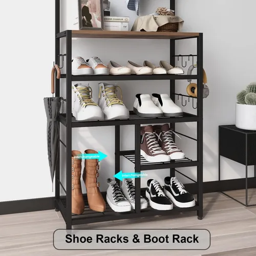 Miniatura 5 de GiftGo Árbol de pasillo grande vintage de 5 niveles con mesa de consola, entrada, perchero de pie para zapatos, estante organizador para el hogar
