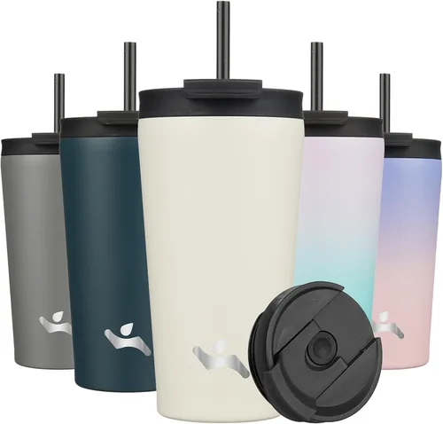 Konokyo Vaso aislado de 18 onzas con tapa y 2 pajillas, botella de agua de acero inoxidable, taza de viaje al vacío, taza de café, color blanco ángel