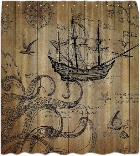 Cortina de ducha de tentáculo de pulpo, vintage, náutico, océano, kraken, retro, velero, antiguo, barco pirata, marino, mapa antiguo, navegación,