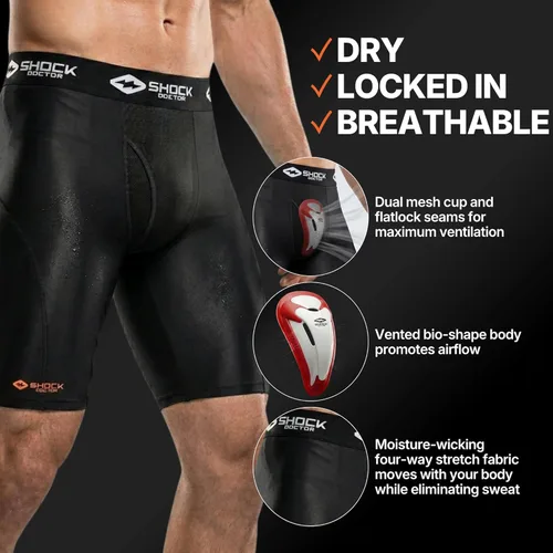 Miniatura 7 de Shock Doctor Compression Shorts with Protective Bio-Flex Cup, Moisture Wicking Vented Protection - Adult