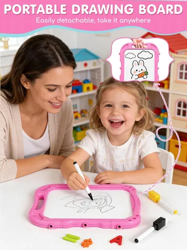 Miniatura 6 de Lehoo Castle Caballete para niños, caballete de arte para niños 4 en 1 de doble cara con pizarra blanca magnética y pizarra de tiza, caballete