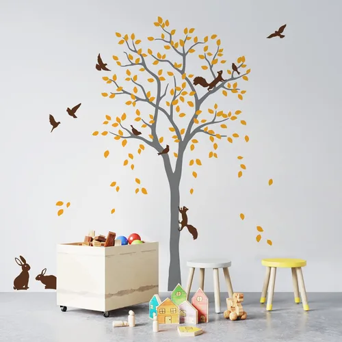 Miniatura 4 de Adhesivo decorativo de pared de árbol grande con pájaros, ardillas y conejos, conejos, decoración de guardería 095 (todo blanco)