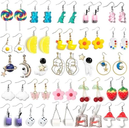 24 pares de aretes colgantes extraños para mujeres y niñas planeta astronauta luna y estrellas oso de dinosaurio piruleta pez fresa hongo flores