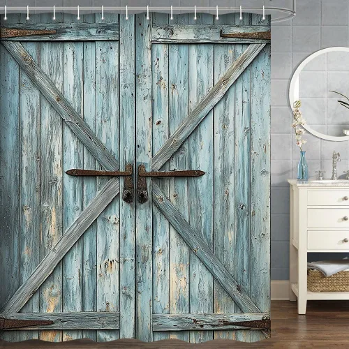 Miniatura 6 de Cortina de ducha de puerta de granero de madera rústica, 60 x 70 pulgadas, beige