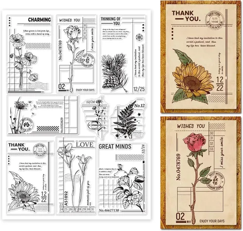 GLOBLELAND Sellos de Goma Vintage Flores Plantas Fondo Transparentes para Hacer Tarjetas, Diario de Arte, Sellos de Silicona Transparentes para