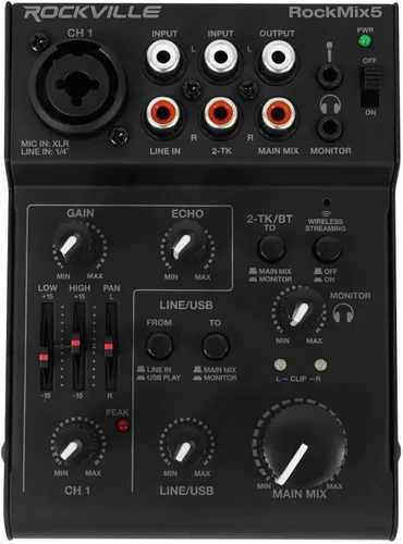Rockville RockMix Mezclador Pro de 5 canales con interfaz USB, Bluetooth, eco, ecualizador de 2 bandas, diseño compacto, portátil, para podcasting y