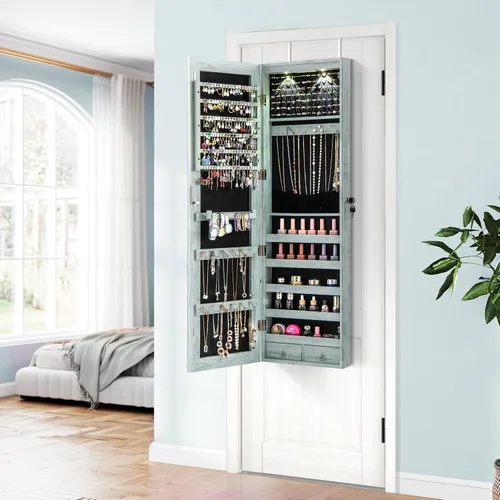 Miniatura 29 de Giantex Armario de joyería para puerta de pared con espejo de longitud completa, 2 LED con cerradura grande organizador de joyas con espejo ancho