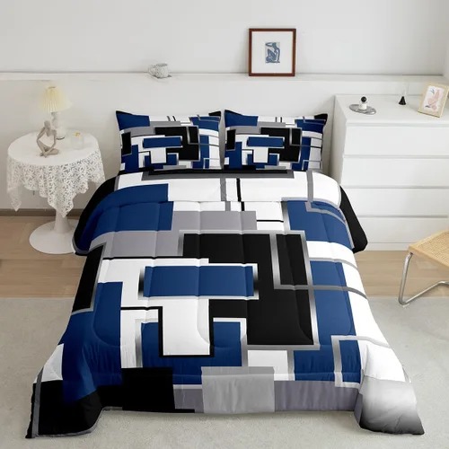 Miniatura 39 de Erosebridal Edredón Cuadrado para Niños y Niñas, Juego de Ropa de Cama Negro y Gris Blanco Azul Marino, Juego de Edredón Geométrico Completo