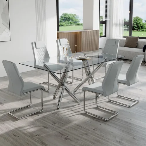 Miniatura 15 de Ebullient Moderno juego de mesa de comedor para 6, mesa de comedor de cristal de 71 pulgadas y patas de mesa de metal dorado, mesas de comedor