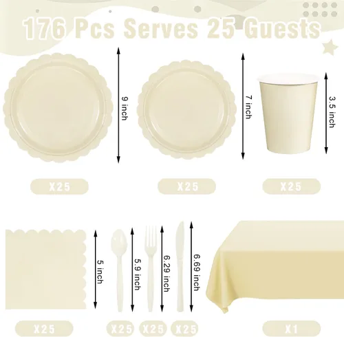 Miniatura 2 de 176 platos y servilletas color marfil, platos festoneados beige, servilletas, vasos, cubiertos, mantel para baby shower, boda, decoración de fiesta
