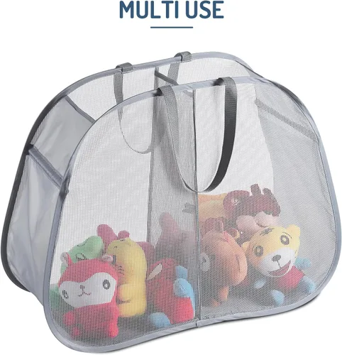 Miniatura 2 de Cesto de malla desplegable para ropa sucia, 2 compartimentos, cesta clasificadora plegable para ropa, dormitorio universitario, viajes (gris)