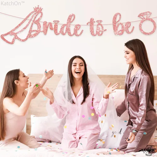 Miniatura 7 de KatchOn, Cartel con purpurina de oro rosa con la frase "Bride To Be" – Pre-encordado, 10 pies Letrero de novia con anillo para decoraciones