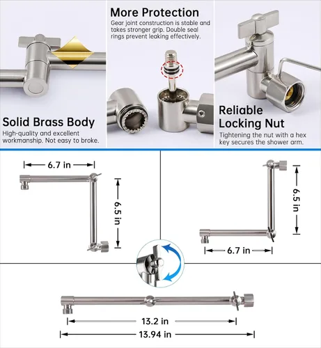 Miniatura 5 de G-Promise Brazo de Extensión para Cabezal de Ducha de 13 Pulgadas, Extensor de Latón Macizo Ajustable en Altura y Ángulo, Eleva o Baja la Ducha
