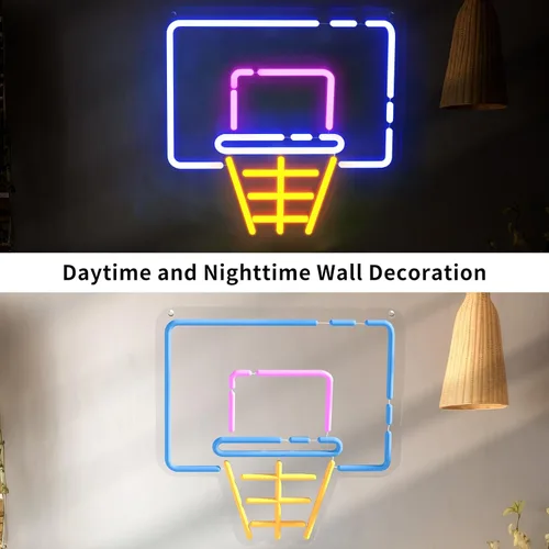 Miniatura 5 de Letrero de neón de aro de baloncesto para decoración de pared, letrero de luz LED regulable con control de brillo para fanáticos de los deportes