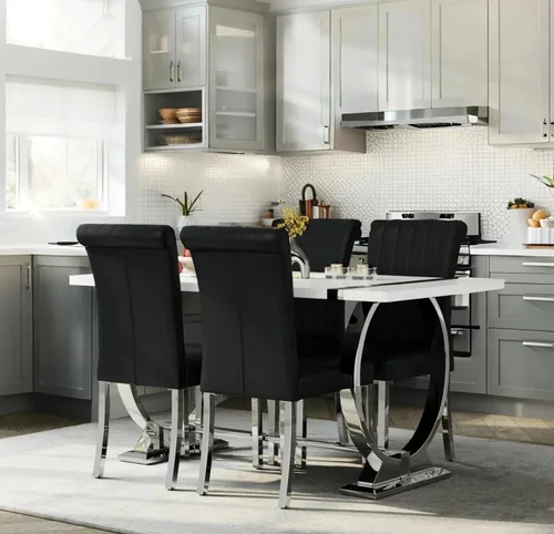 Miniatura 6 de Asday Juego de 2 sillas de comedor negras y plateadas, modernas sillas de comedor tapizadas de piel sintética con respaldo alto y patas cromadas
