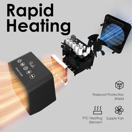 Miniatura 3 de Reaks PTC - Calentador de espacio de cerámica con enchufe de seguridad ALCI para baño e interior, calentador eléctrico de 1500 W con termostato Negro