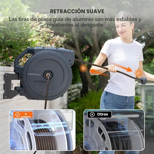Miniatura 3 de Giraffe Tools Carrete de manguera de pared resistente, manguera retráctil de 5/8 pulgadas x 90 pies con rebobinado automático, giro de 180°, bloqueo