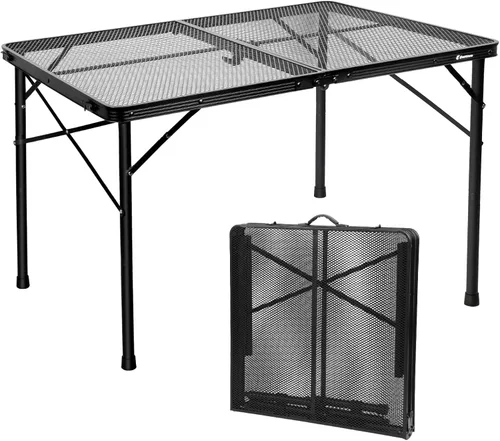 Mesa plegable de 4 pies con escritorio de malla metálica, mesa de campamento con asa de transporte, altura ajustable (16.5 y 26 pulgadas), mesa al