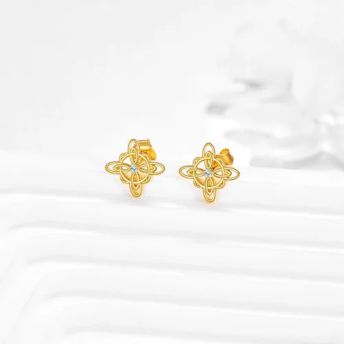 Miniatura 3 de Aretes de nudo de bruja de oro de 14 quilates para mujer, aretes de oro amarillo con nudo celta, aretes de tuerca de oro sólido, brujas triquetra