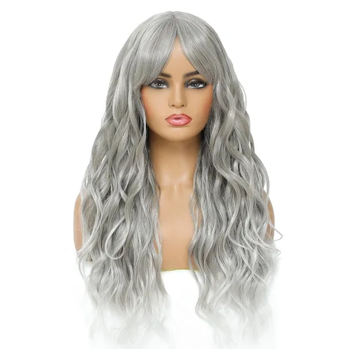 Miniatura 9 de SWACC Peluca larga y rizada ondulada con flequillo peluca de pelo sintético para mujeres con gorra de peluca (negro)