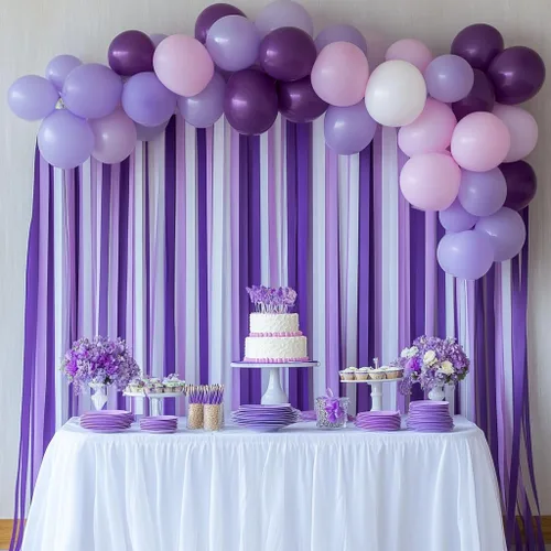 Miniatura 2 de 8 rollos de serpentinas moradas, paquete de 656 pies de papel crepé morado con blanco para decoraciones de fiestas, decoraciones de cumpleaños